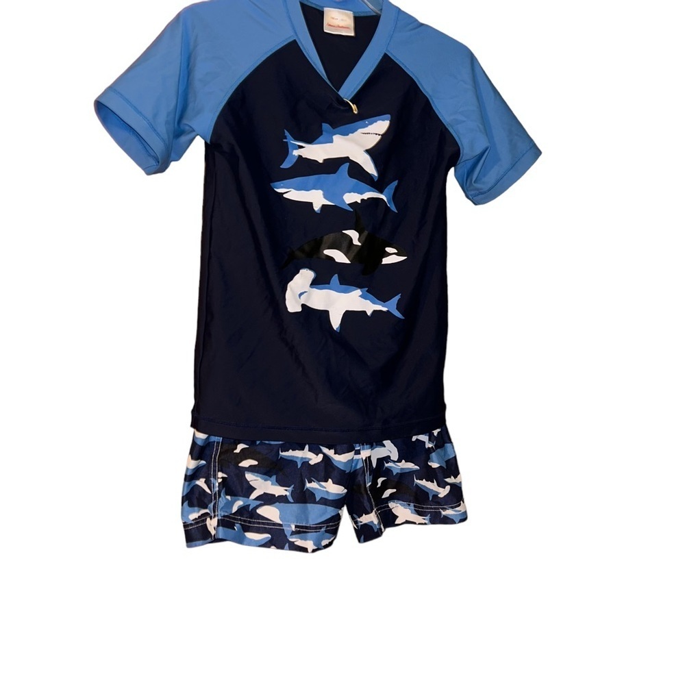 Hanna Andersson blue sharks Rash Guard swim set trunks size 12